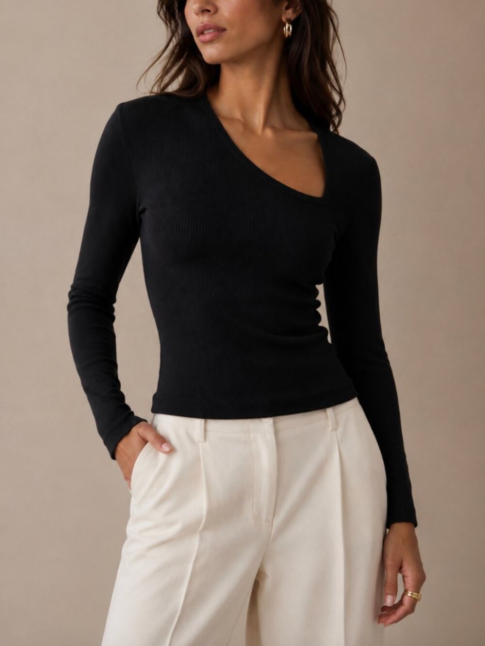 Oak + Fort Cut-Out Neck Long Sleeve Top Black M